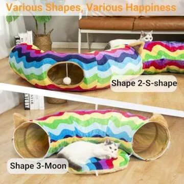 LUCKITTY Large Cat Tunnel Bed with Plush Cover,Fluffy Toy Balls, Small Cushion and Flexible Design- 10 inch Diameter, 3 ft Length- Great for Cats, and Small Dogs, Rainbow Wave Color