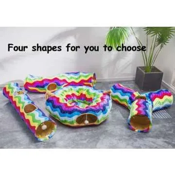LUCKITTY Large Cat Tunnel Bed with Plush Cover,Fluffy Toy Balls, Small Cushion and Flexible Design- 10 inch Diameter, 3 ft Length- Great for Cats, and Small Dogs, Rainbow Wave Color