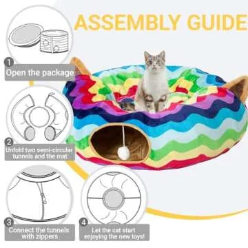 LUCKITTY Large Cat Tunnel Bed with Plush Cover,Fluffy Toy Balls, Small Cushion and Flexible Design- 10 inch Diameter, 3 ft Length- Great for Cats, and Small Dogs, Rainbow Wave Color