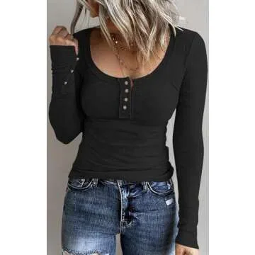 WAYMAKER Women's Henley Shirts Long Sleeve Button Down Tunic Tops Scoop Neck Ribbed Knit Slim Fitted Casual Tops Black Large