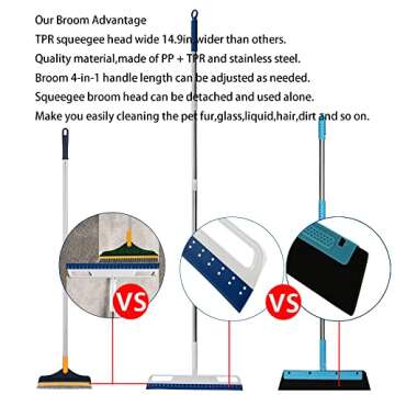 Mulitfunctional Magic Broom and Squeegee, Smart Silicone Broom for Indoor Cleaning, 4 in 1 Brooms Works on Smooth Floors, Windows, Rugs, Sweeps up Glass, Liquids, Fine Dust, Removes Pet Hair (Blue)