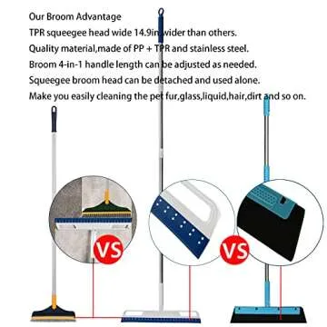 Mulitfunctional Magic Broom and Squeegee, Smart Silicone Broom for Indoor Cleaning, 4 in 1 Brooms Works on Smooth Floors, Windows, Rugs, Sweeps up Glass, Liquids, Fine Dust, Removes Pet Hair (Blue)