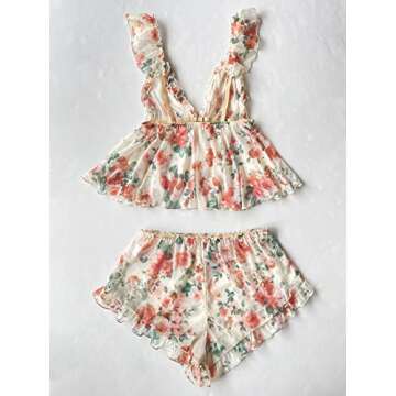Verdusa Women's 2 Piece Floral Print Mesh Ruffled Peplum Cami Top and Shorts Pajama Sets Beige and Red S