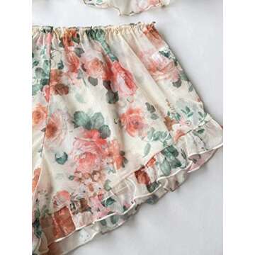 Verdusa Women's 2 Piece Floral Print Mesh Ruffled Peplum Cami Top and Shorts Pajama Sets Beige and Red S