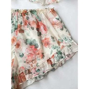 Verdusa Women's 2 Piece Floral Print Mesh Ruffled Peplum Cami Top and Shorts Pajama Sets Beige and Red S