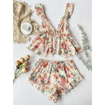 Verdusa Women's 2 Piece Floral Print Mesh Ruffled Peplum Cami Top and Shorts Pajama Sets Beige and Red S