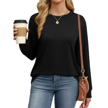WIHOLL Long Sleeve Shirts for Women Fall Tops 2024 Fashion Crewneck Loose Casual Clothes Pullover Basic Tee Solid Color Black S