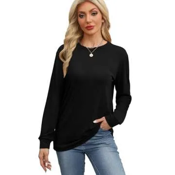 WIHOLL Long Sleeve Shirts for Women Fall Tops 2024 Fashion Crewneck Loose Casual Clothes Pullover Basic Tee Solid Color Black S