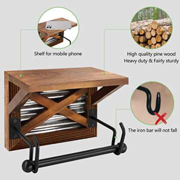 Prodigen Farmhouse Rustic Bathroom Toilet Paper Holder with Shelf, Wooden Industrial Toilet Paper Holder Wall Mount Decorative Accessories for Bathroom, Washroom-Brown