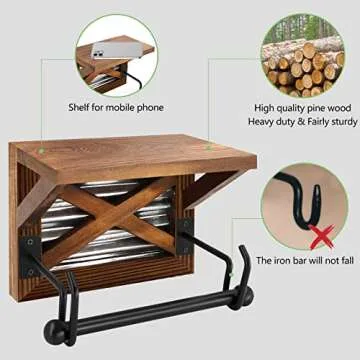 Prodigen Farmhouse Rustic Bathroom Toilet Paper Holder with Shelf, Wooden Industrial Toilet Paper Holder Wall Mount Decorative Accessories for Bathroom, Washroom-Brown