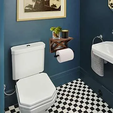 Prodigen Farmhouse Rustic Bathroom Toilet Paper Holder with Shelf, Wooden Industrial Toilet Paper Holder Wall Mount Decorative Accessories for Bathroom, Washroom-Brown