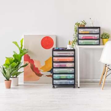 IRIS USA Fits 12" x 12" Paper, 6-Tier Scrapbook Rolling Storage Cart with Organizer Top for Papers Vinyl Tools Office Art and Craft Supplies, Yarn, Black Frame with 6 Clear Cases w/ Built in Handle