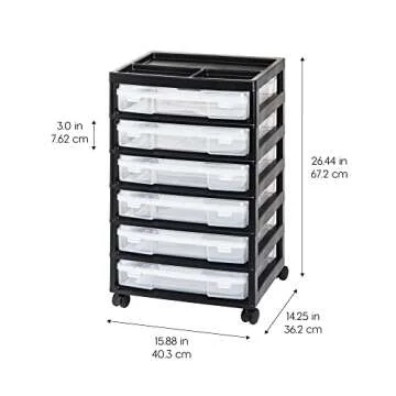 IRIS USA Fits 12" x 12" Paper, 6-Tier Scrapbook Rolling Storage Cart with Organizer Top for Papers Vinyl Tools Office Art and Craft Supplies, Yarn, Black Frame with 6 Clear Cases w/ Built in Handle