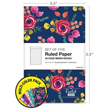 Elan Publishing Company Assorted Pattern Field Memo Notebooks, 3.5x5.5 in Ruled Lined Office Notepad...