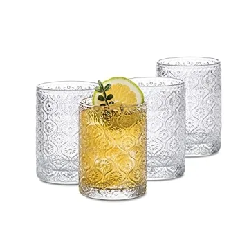 INSETLAN Glass Cups Vintage Glassware Set of 4, Embossed Pattern Style Transparent Cocktail Glasses ...