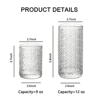 INSETLAN Vintage Glassware Set of 4 Embossed Cocktail Glasses