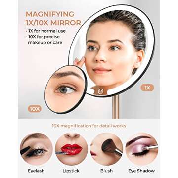 WEEYUM Rechargeable Lighted Makeup Mirror with Ring Light, 1X/10X Magnifying Mirror with 3 Color Modes, Portable Vanity Mirorr, Black