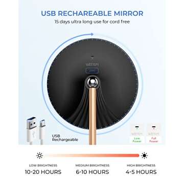 WEEYUM Rechargeable Lighted Makeup Mirror with Ring Light, 1X/10X Magnifying Mirror with 3 Color Modes, Portable Vanity Mirorr, Black