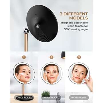 WEEYUM Rechargeable Lighted Makeup Mirror with Ring Light, 1X/10X Magnifying Mirror with 3 Color Modes, Portable Vanity Mirorr, Black