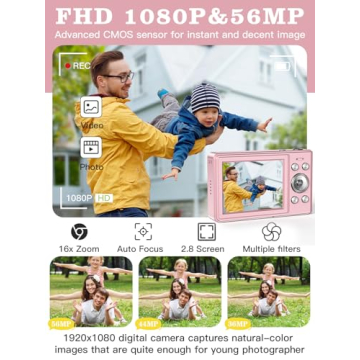 Kids 56MP Digital Camera with Zoom - Pink