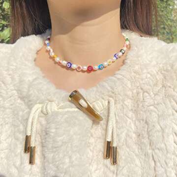 Miss Pink Beaded Necklace for Women Y2K Flower Bead Freshwater Pearl Choker Necklace Summer Break Tr...