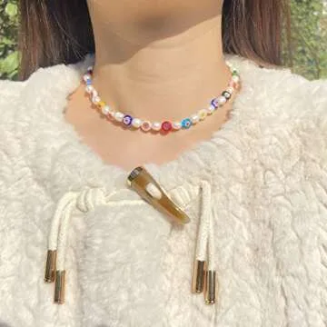 Miss Pink Beaded Necklace for Women Y2K Flower Bead Freshwater Pearl Choker Necklace Summer Break Tr...