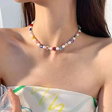 Miss Pink Beaded Necklace for Women Y2K Flower Bead Freshwater Pearl Choker Necklace Summer Break Trendy Boho Colorful Beads Cute Beach Jewelry Gifts for Teen