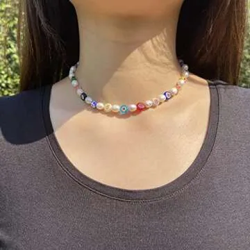 Miss Pink Beaded Necklace for Women Y2K Flower Bead Freshwater Pearl Choker Necklace Summer Break Trendy Boho Colorful Beads Cute Beach Jewelry Gifts for Teen