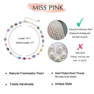 Miss Pink Beaded Necklace for Women Y2K Flower Bead Freshwater Pearl Choker Necklace Summer Break Trendy Boho Colorful Beads Cute Beach Jewelry Gifts for Teen