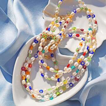Miss Pink Beaded Necklace for Women Y2K Flower Bead Freshwater Pearl Choker Necklace Summer Break Trendy Boho Colorful Beads Cute Beach Jewelry Gifts for Teen