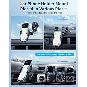 Humixx Phone Mount for Car [Military-Grade Super Suction] Universal Hands-Free Phone Holder for Dashboard Windshield Air Vent for iPhone 14 Pro Max Plus Samsung All Phones & Cars