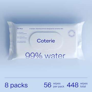 Coterie Baby Wipes, 8 Pack, 448 Count, Unscented Wipes, 99% Purified Water, Plastic-Free & Plant Derived Fibers, Fragrance Free Hypoallergenic Sensitive Skin Baby Essentials, Clean Ingredients