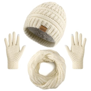 Winter Beanie Hat Scarf Gloves Set, Thick Warm Knit Winter Skull Cap Touch Screen Gloves Neck Scarf ...