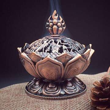 OWXINI Lotus Incense Burner Set Flower Chinese Alloy Metal Incense Holder Handmade Censer Bowl Home Decoration Decor Set * 2Pcs (Copper)