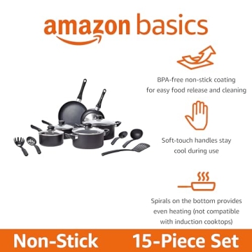 Amazon Basics Non-Stick 15-Piece Cookware Set - Black