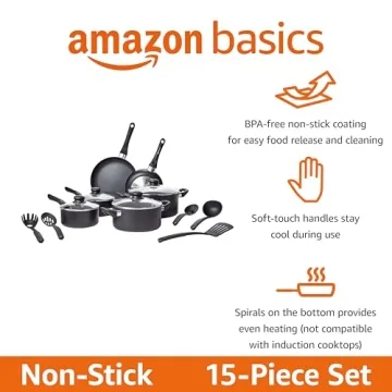 Amazon Basics Non-Stick 15-Piece Cookware Set - Black