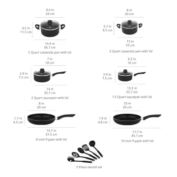 Amazon Basics Non-Stick 15-Piece Cookware Set - Black
