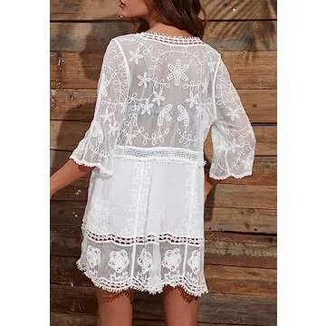 Eomenie Women's Contrast Lace Bathing Suit Cover Up V-Neck Swimsuit Coverups Loose Swimwear Beach Dress Beachwear White