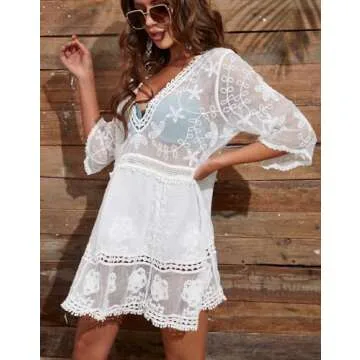 Eomenie Women's Contrast Lace Bathing Suit Cover Up V-Neck Swimsuit Coverups Loose Swimwear Beach Dress Beachwear White