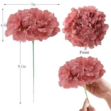 AVIVIHO Dusty Rose Hydrangea Silk Flowers Heads Pack of 10 Dusty Rose Fullness Hydrangea Flowers Artificial with Stems for Wedding Home Party Shop Baby Shower Decoration