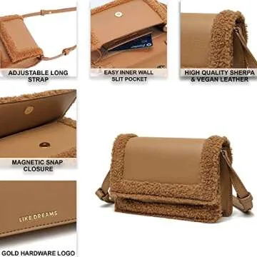 Like Dreams Women Faux Fur Vegan Soft Fashion Sherpa Shoulder Purse Detachable Strap (Camel)
