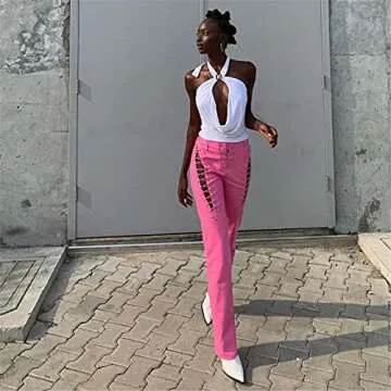 Women Sexy Faux Leather Pants Y2k Hollow Out Lace-up Leggings E-Girl Fashion (Pink, S)