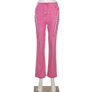 Women Y2k Hollow Out PU Leather Pants for Parties