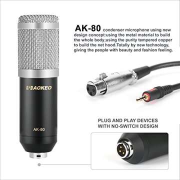 Aokeo AK-80 Professional Studio Live Stream Broadcasting Recording Condenser Microphone with AK-35 Suspension Scissor Arm Stand, Shock Mount, Pop Filter, X7 Live Sound Mixer And Mounting Clamp