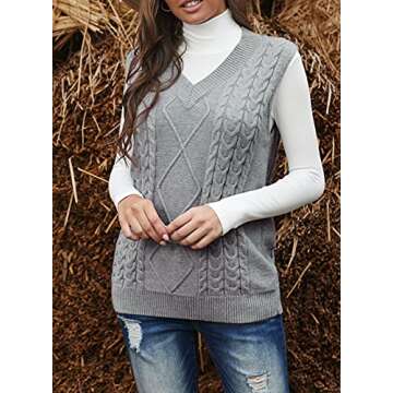 EVALESS Womens Grey Sweater Vest V Neck Sleeveless Sweaters for Women Cable Knit Solid Color Tops Lo...