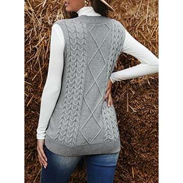 EVALESS Womens Grey Sweater Vest V Neck Sleeveless Sweaters for Women Cable Knit Solid Color Tops Loose Casual Soft Sweater Small