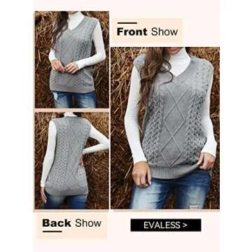 EVALESS Womens Grey Sweater Vest V Neck Sleeveless Sweaters for Women Cable Knit Solid Color Tops Loose Casual Soft Sweater Small