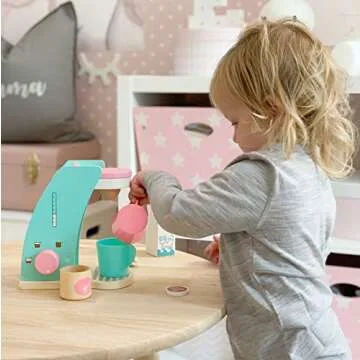 Play Kitchen Accessories - Brew & Serve Wooden Coffee Maker Set, Encourages Imaginative Play, 13 Pieces, Upgraded Toy Coffee Set for Kids-Fun and Colorful for Girls and Boys