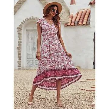 PRETTYGARDEN Summer Dresses for Women Casual V Neck Floral Cap Sleeves High Low Flowy Maxi Dress White