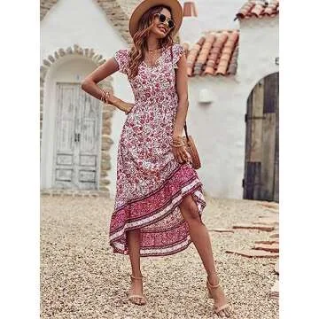 PRETTYGARDEN Summer Dresses for Women Casual V Neck Floral Cap Sleeves High Low Flowy Maxi Dress White